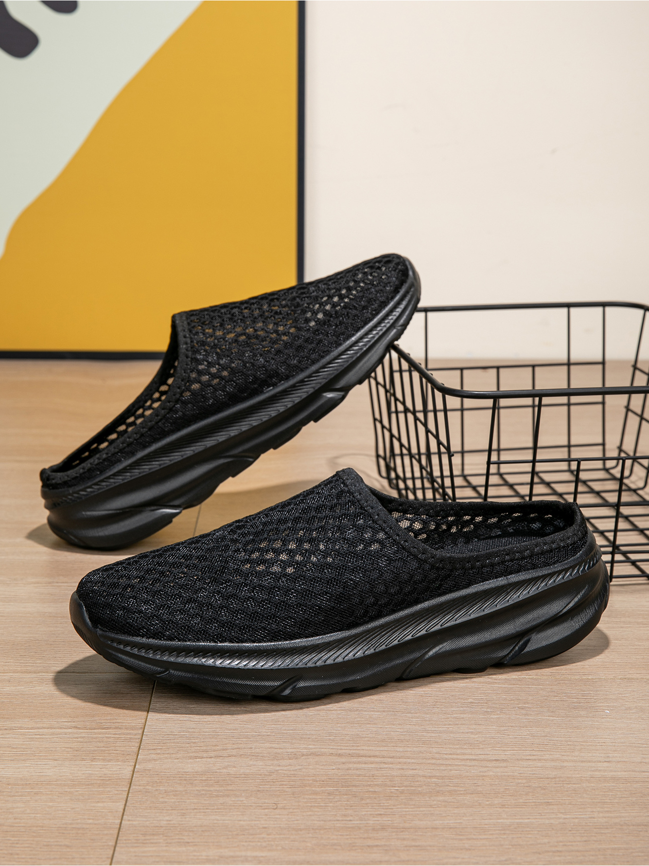 Men Black Mesh Casual Slip-On Mules