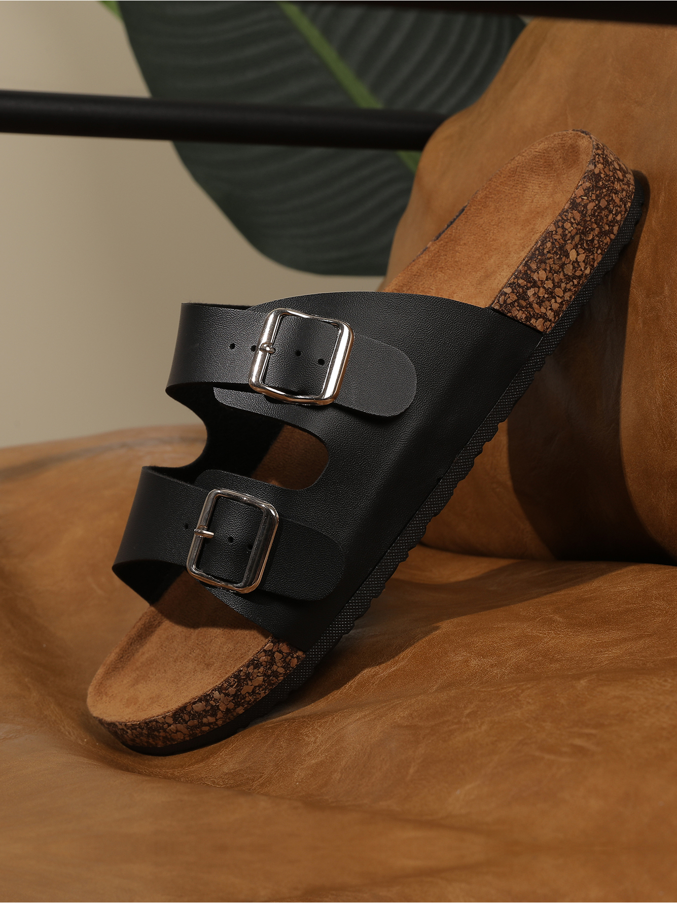 Men Black Dual-Buckle Comfort Slides