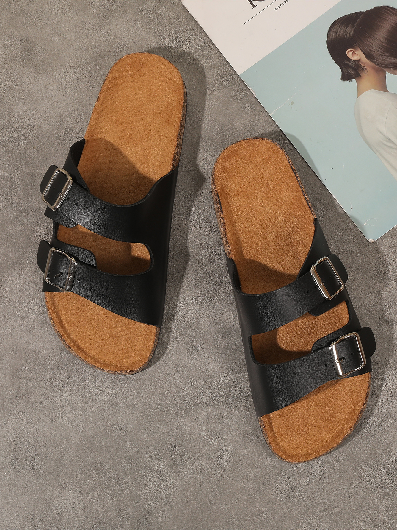 Men Black Dual-Buckle Comfort Slides