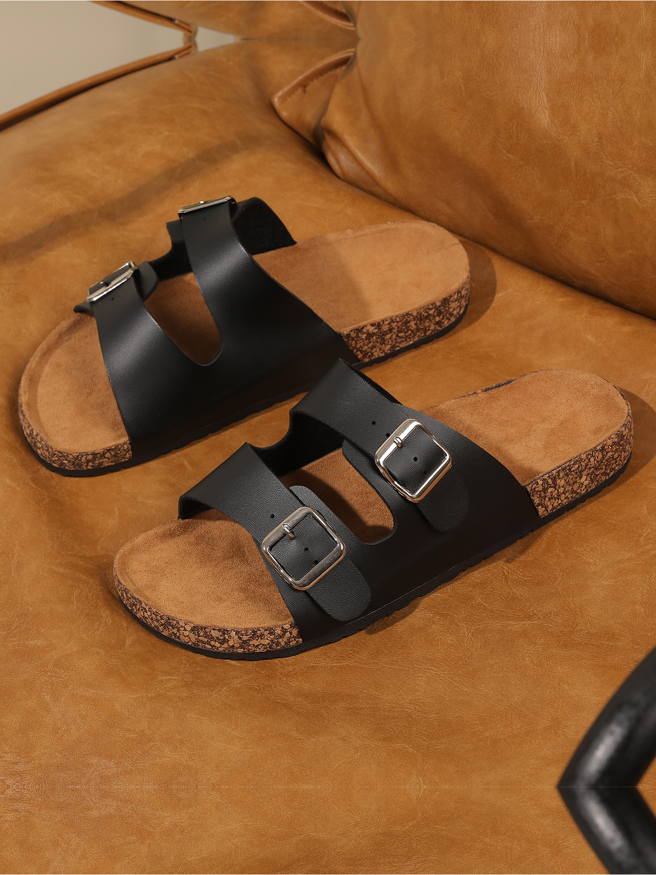 Men Black Dual-Buckle Comfort Slides