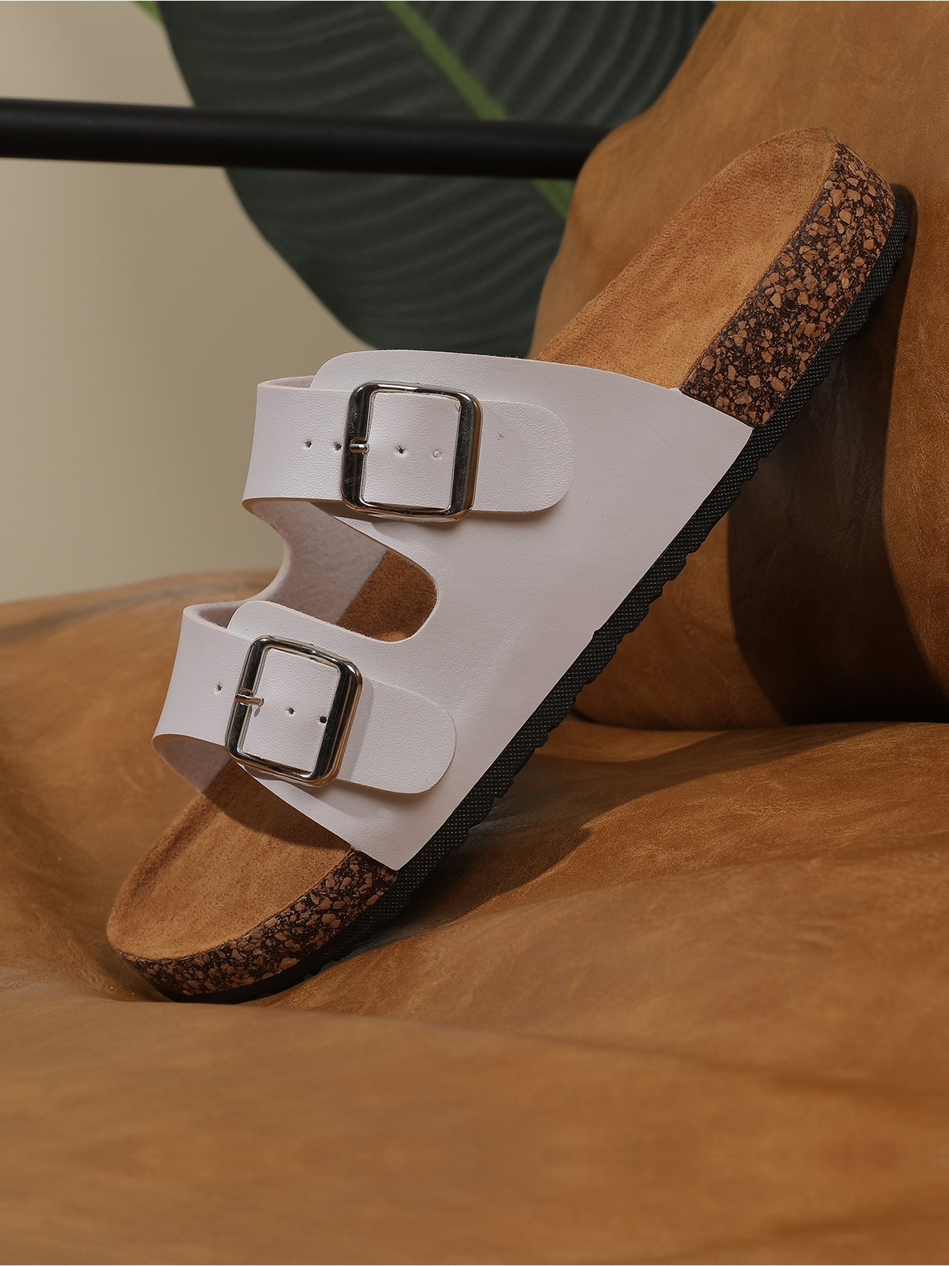 Men White Buckle Slides