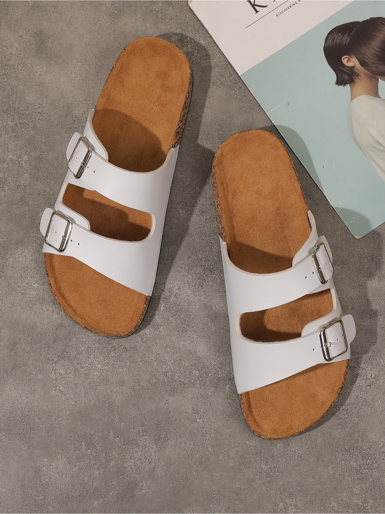 Men White Buckle Slides