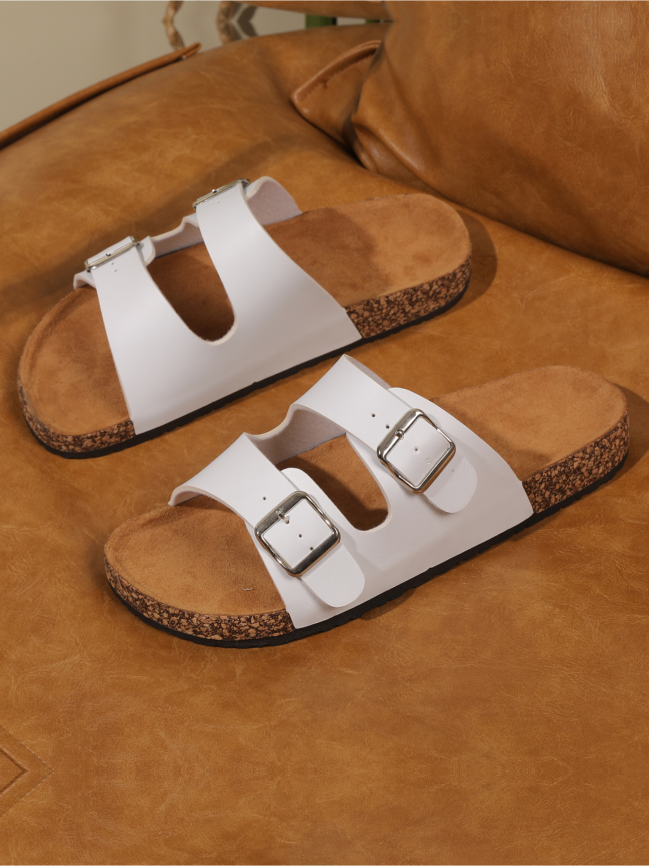Men White Buckle Slides