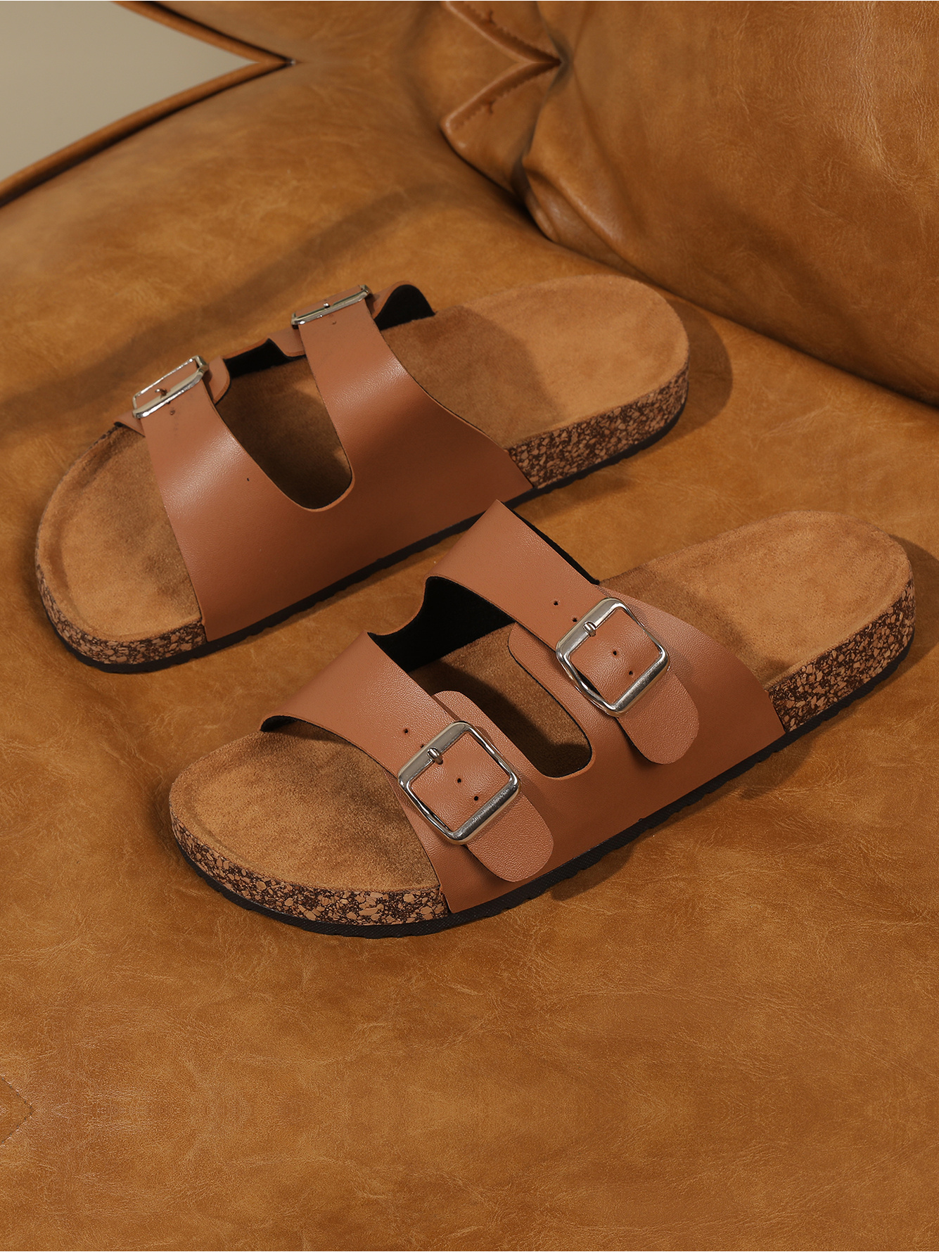 Men Brown Buckle Comfort Slides