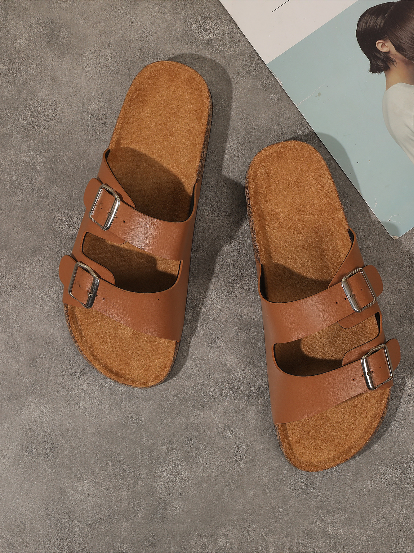 Men Brown Buckle Comfort Slides