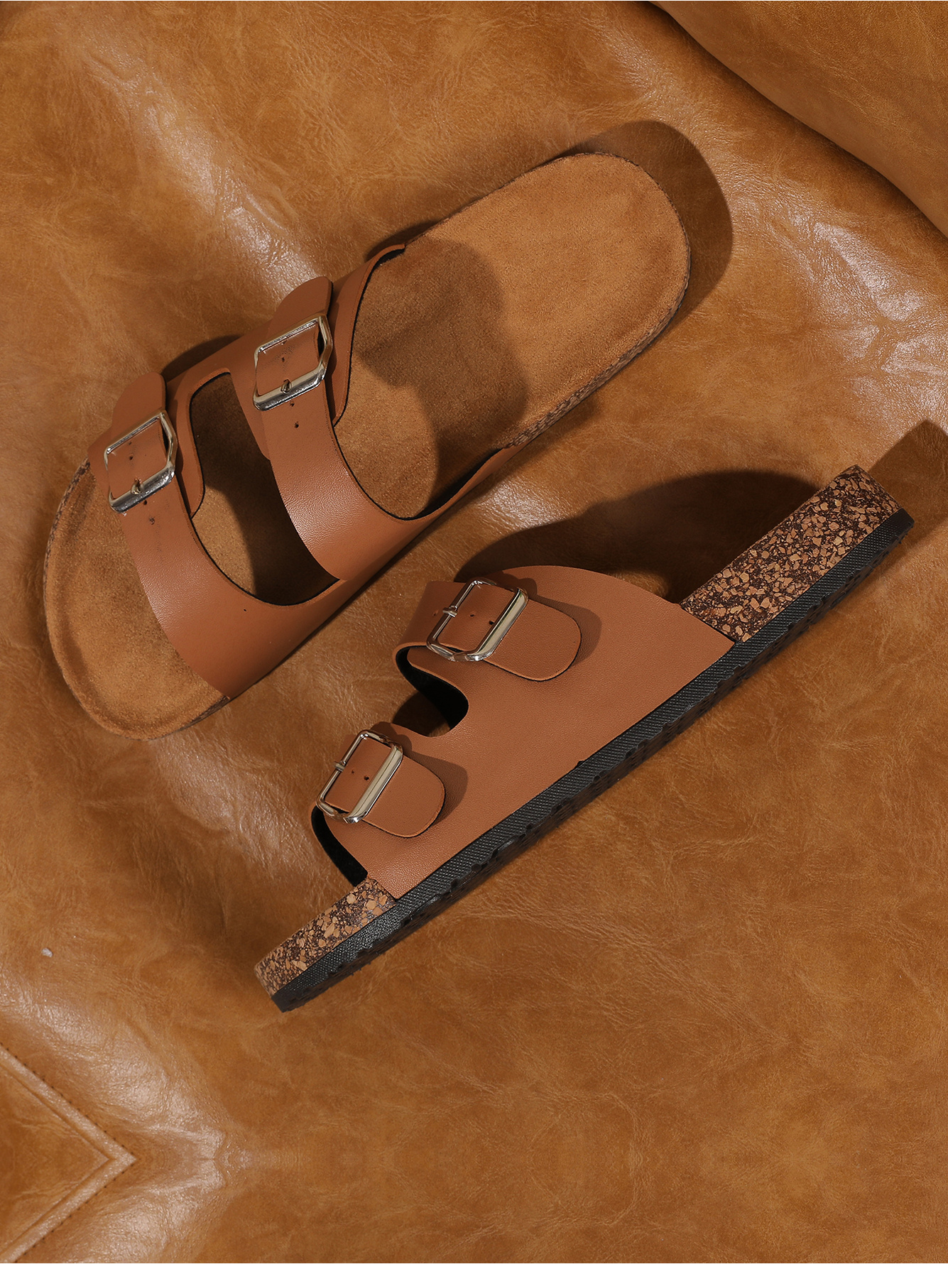 Men Brown Buckle Comfort Slides