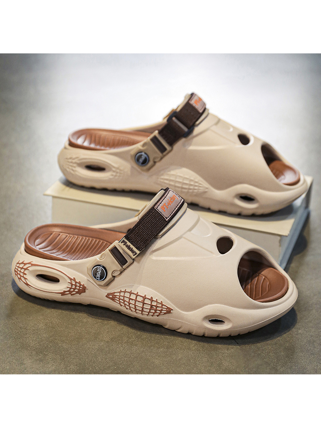 Men Beige Comfort Slides with Adjustable Strap
