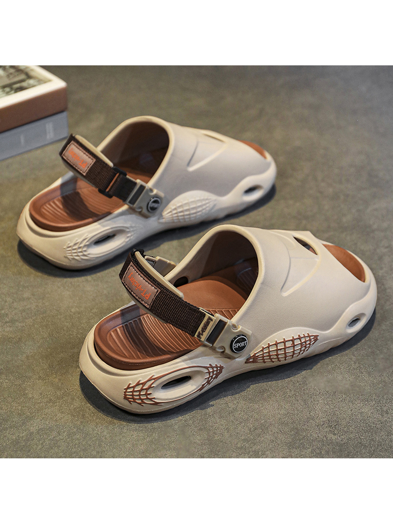 Men Beige Comfort Slides with Adjustable Strap