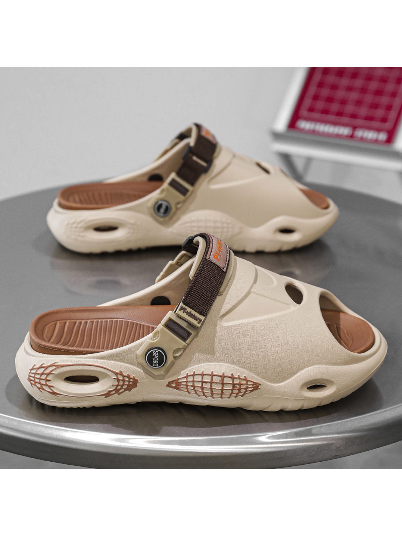 Men Beige Comfort Slides with Adjustable Strap
