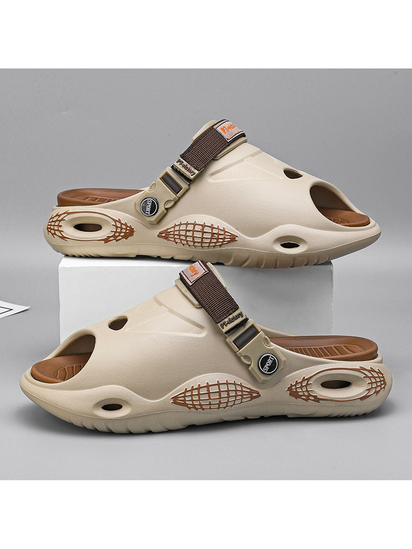 Men Beige Comfort Slides with Adjustable Strap