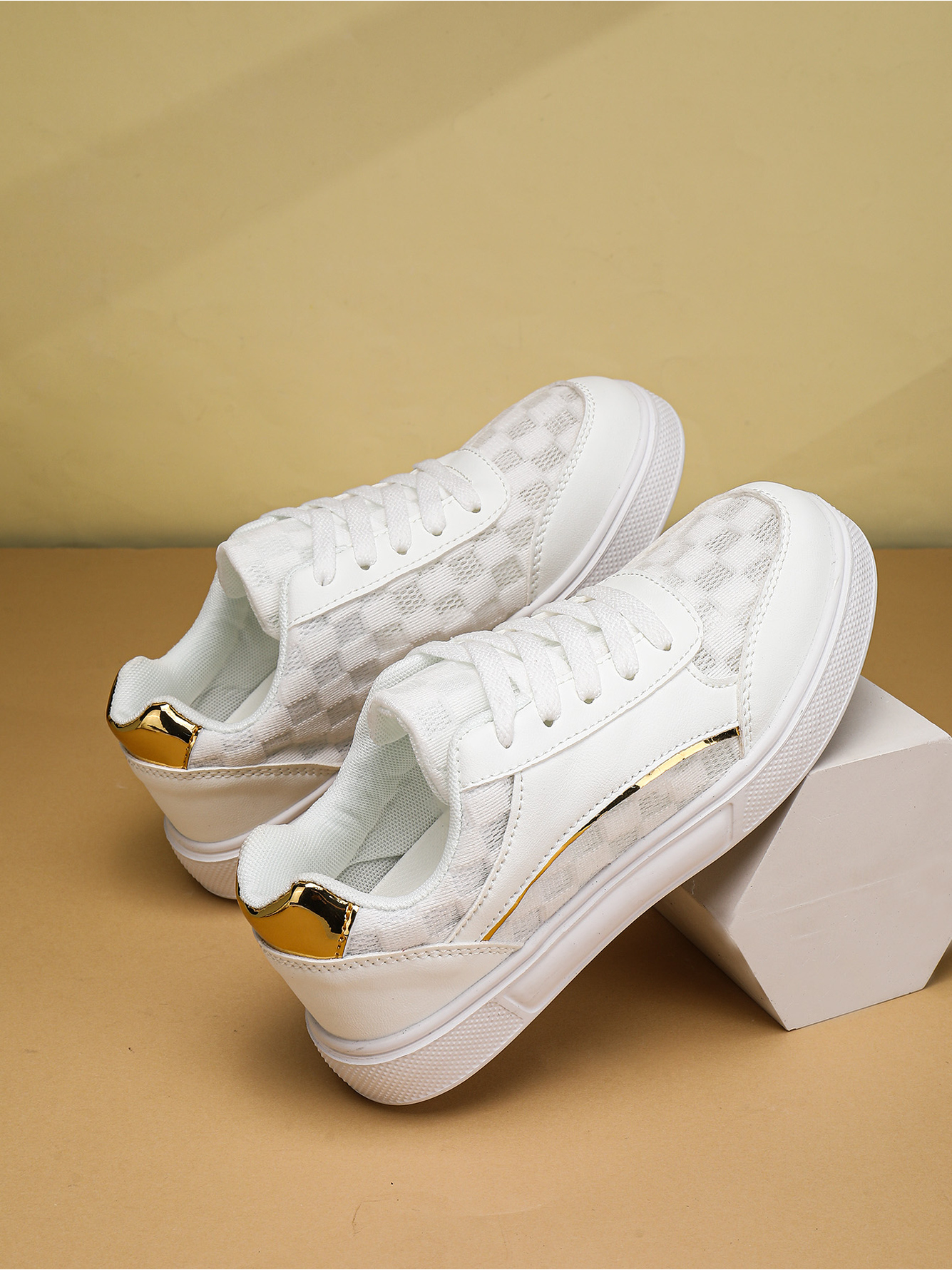Men White Checkered Casual Sneakers with Gold Accents