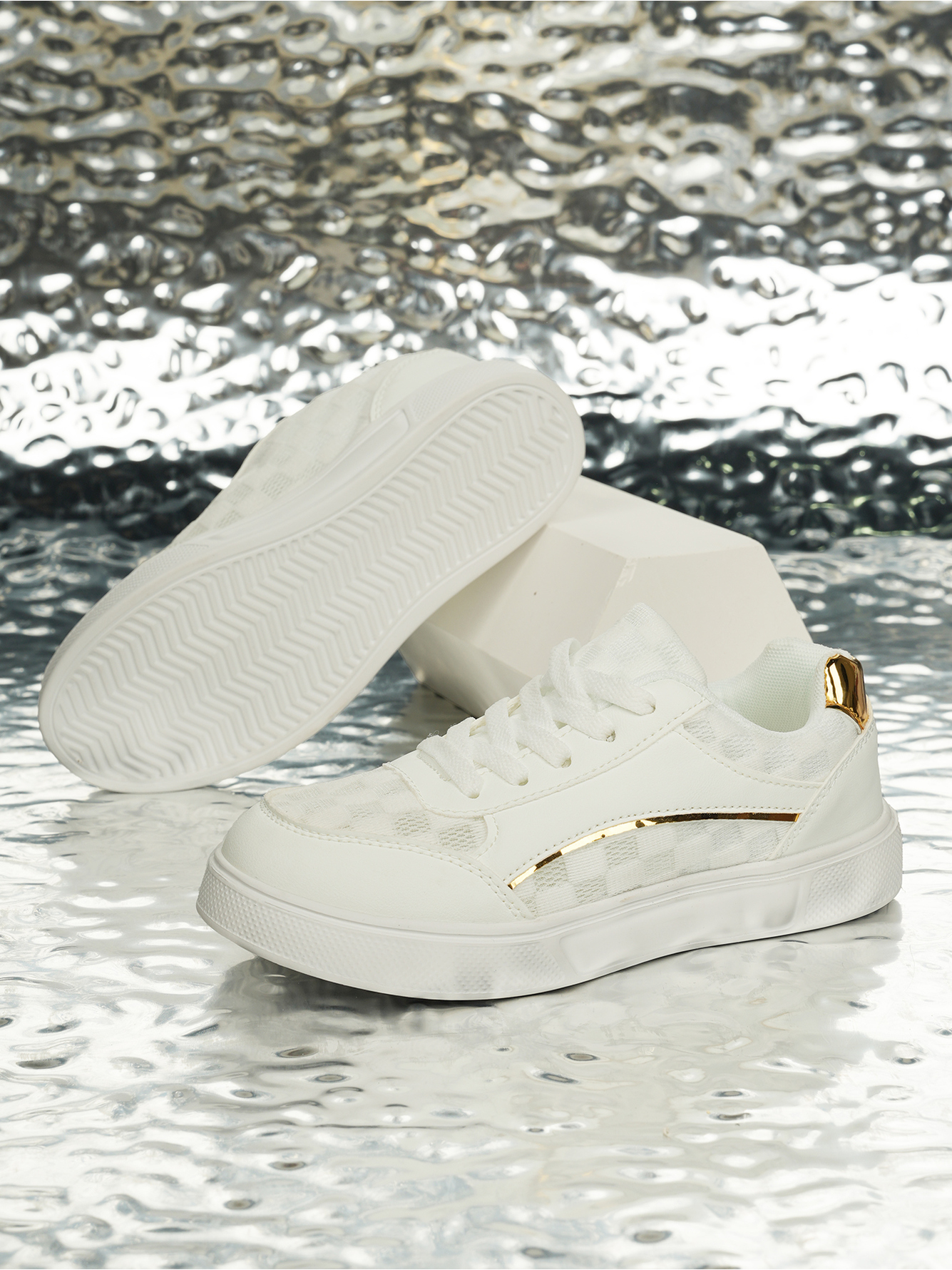 Men White Checkered Casual Sneakers with Gold Accents