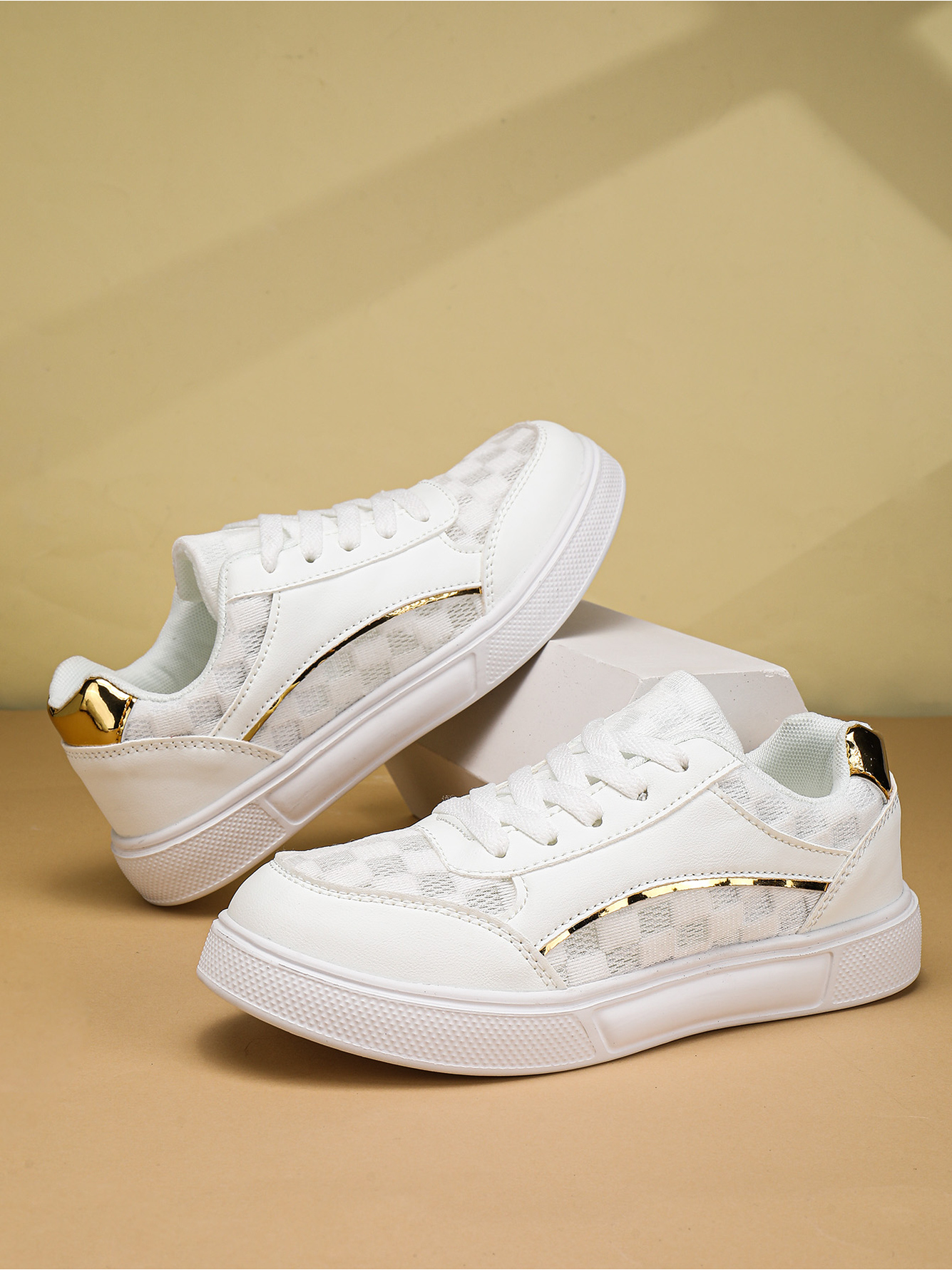 Men White Checkered Casual Sneakers with Gold Accents