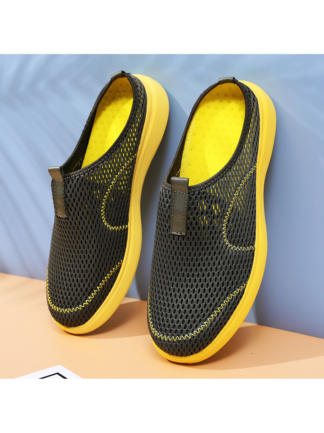 Men Breathable Black Mesh Slip-On Mules