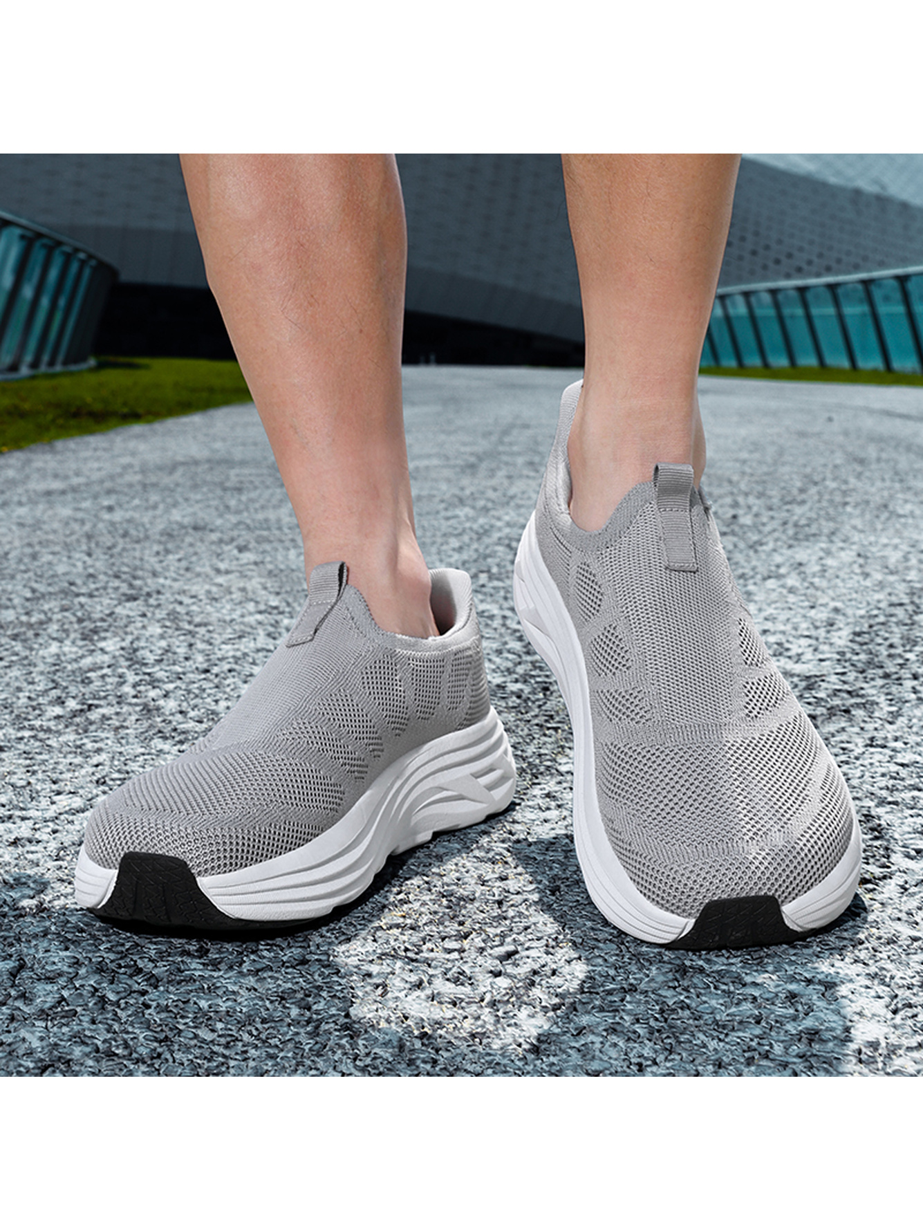 Men Grey Slip-On Knit Sports Sneakers