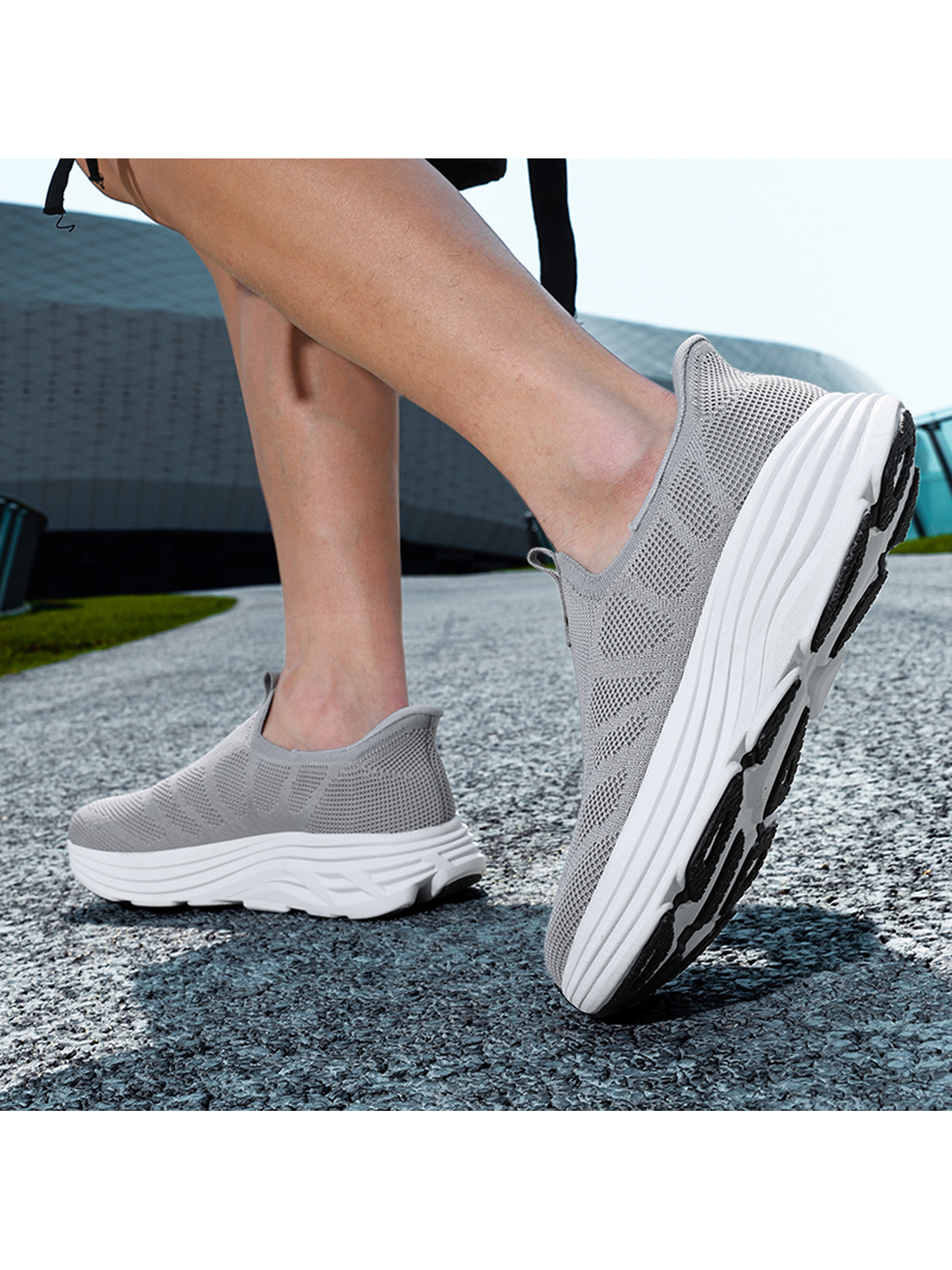 Men Grey Slip-On Knit Sports Sneakers
