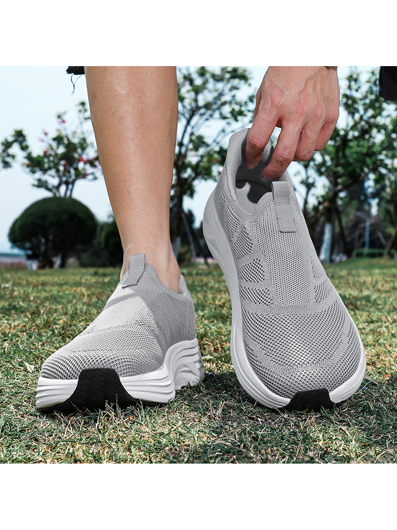 Men Grey Slip-On Knit Sports Sneakers