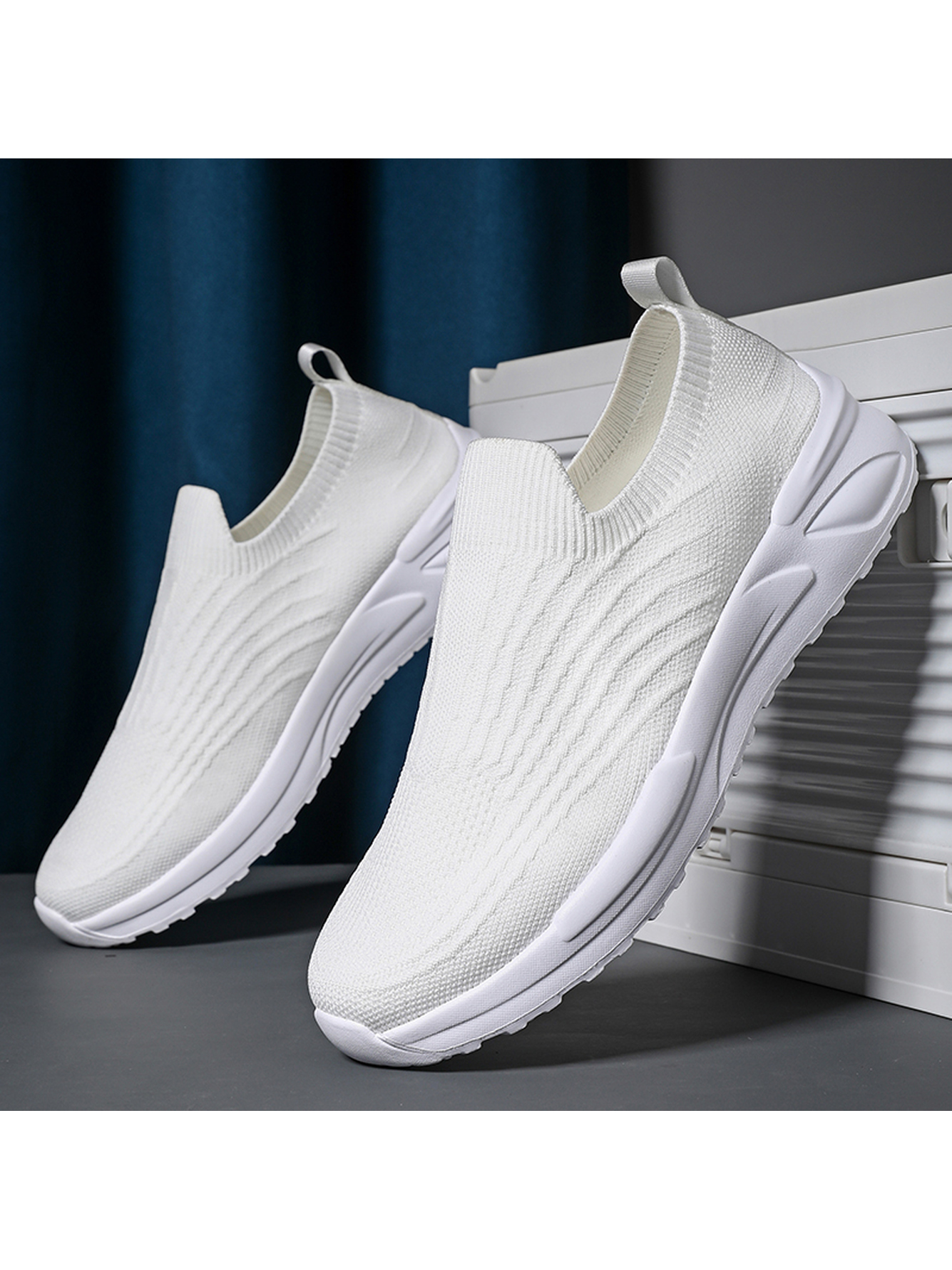 Men White Slip-On Knit Sneakers