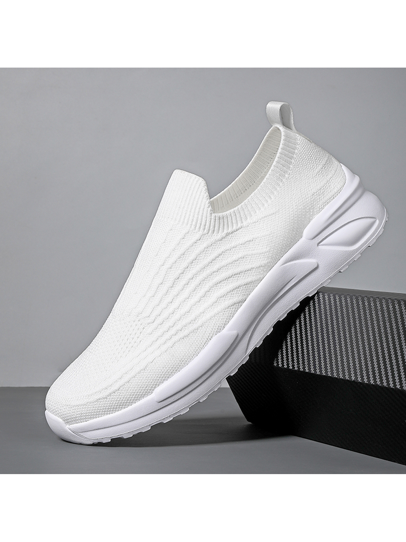 Men White Slip-On Knit Sneakers