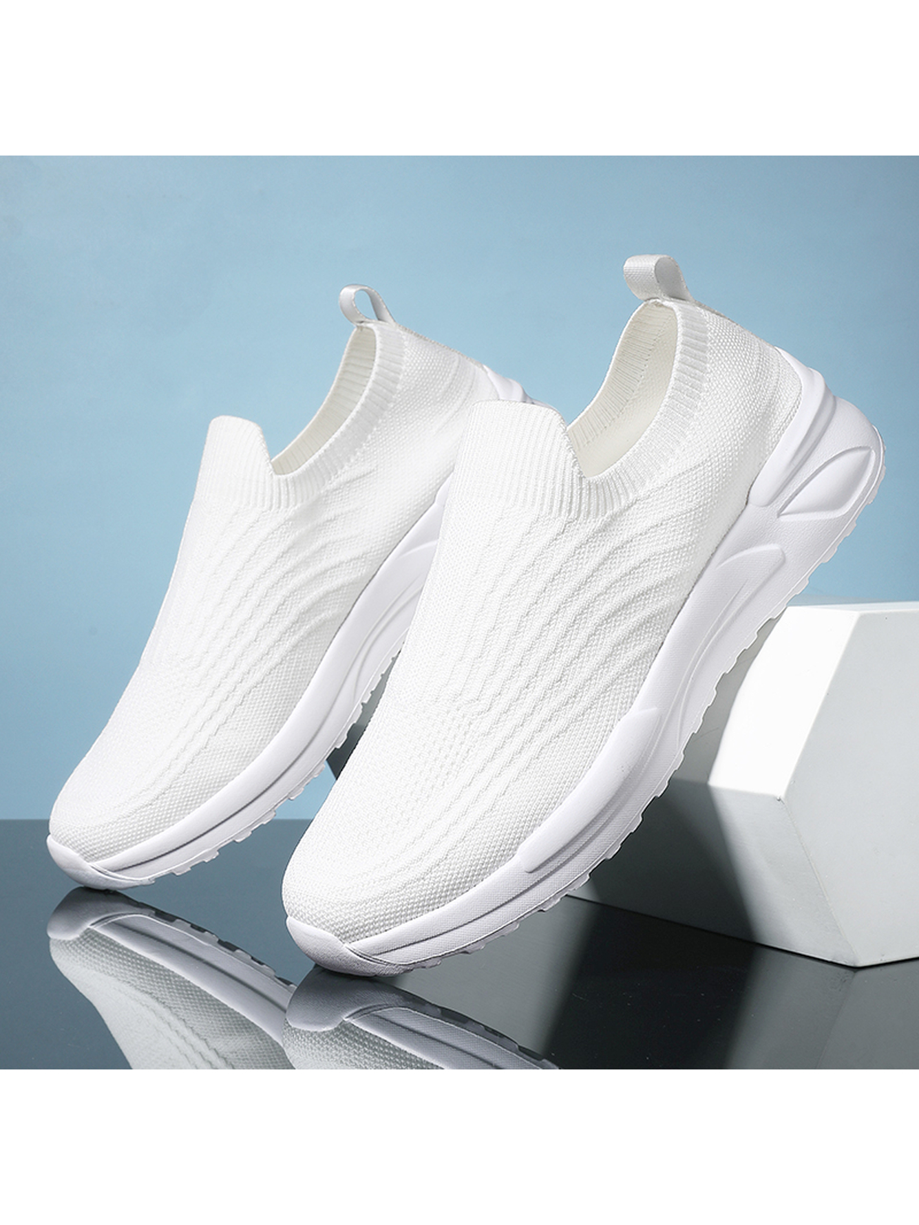 Men White Slip-On Knit Sneakers