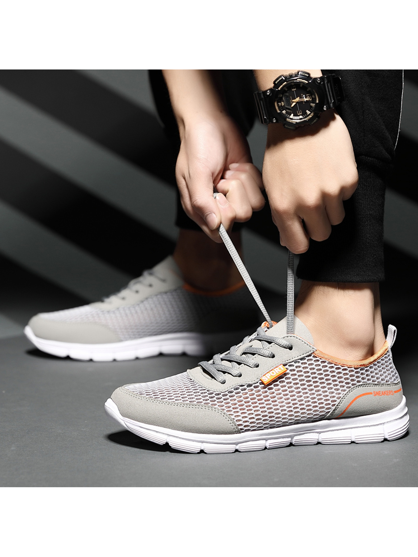 Men Grey Mesh Lightweight Sport Sneakers