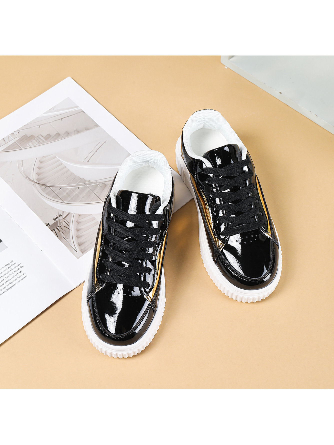 Men Black Patent Leather Sneakers with Gold Trim