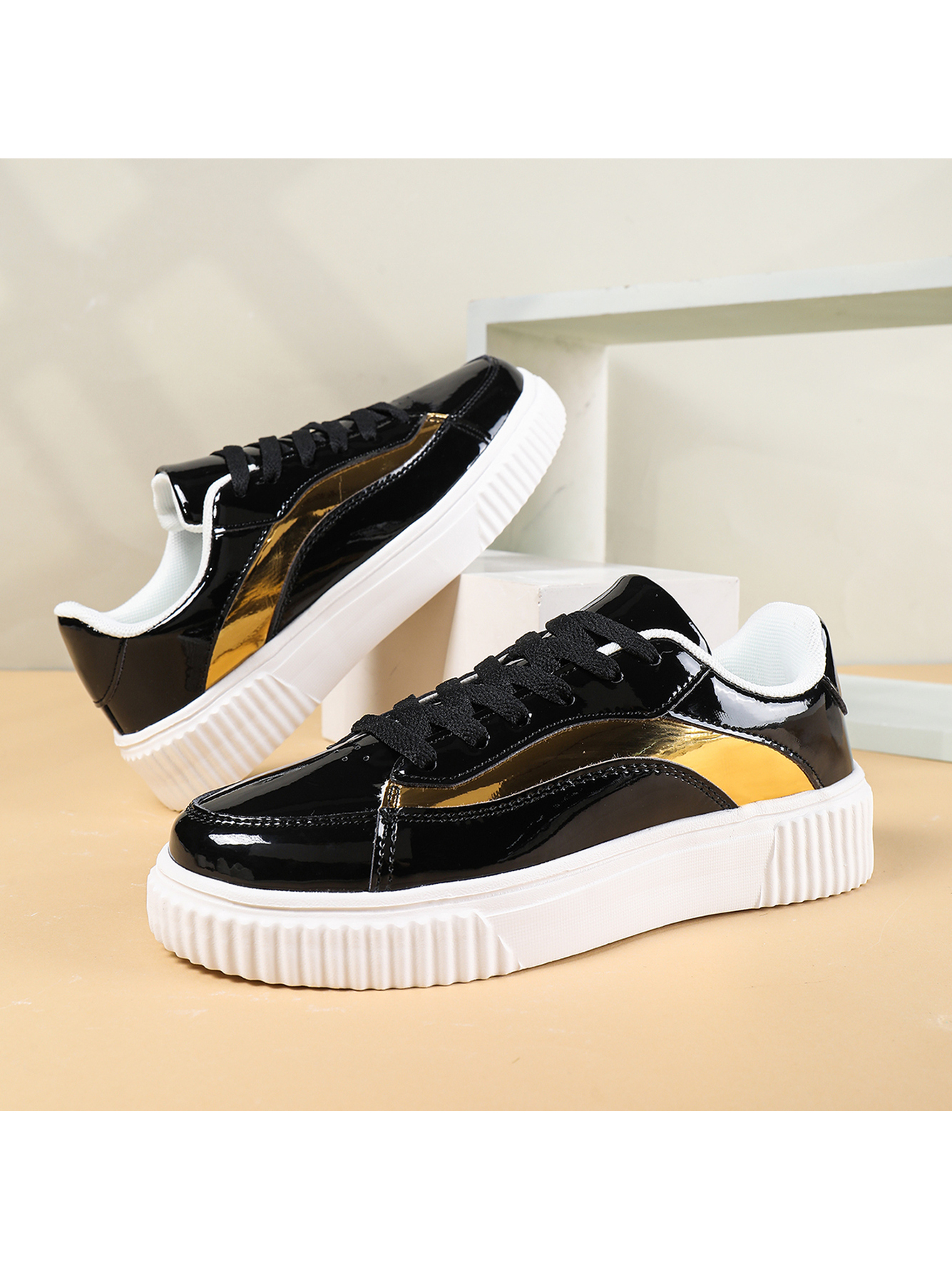 Men Black Patent Leather Sneakers with Gold Trim