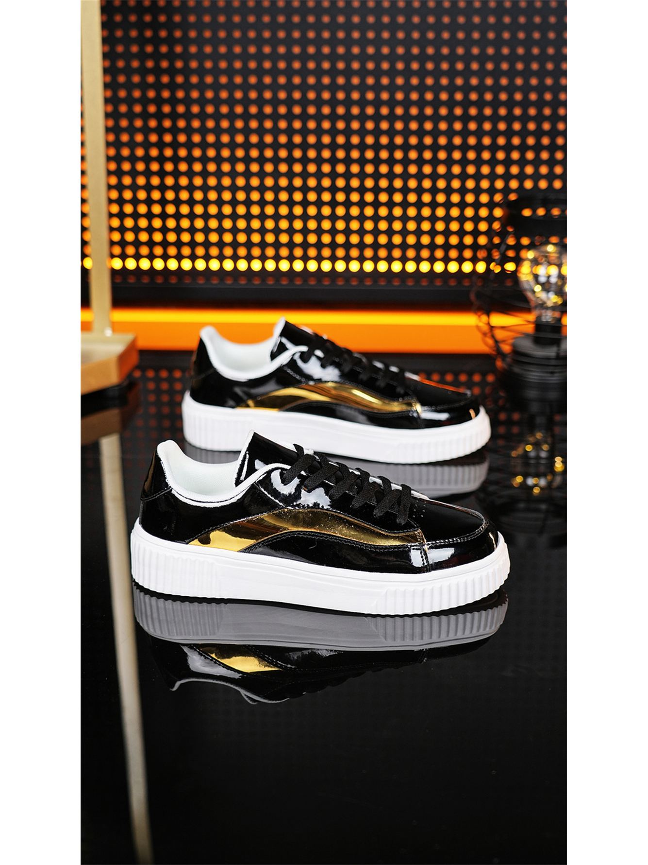 Men Black Patent Leather Sneakers with Gold Trim