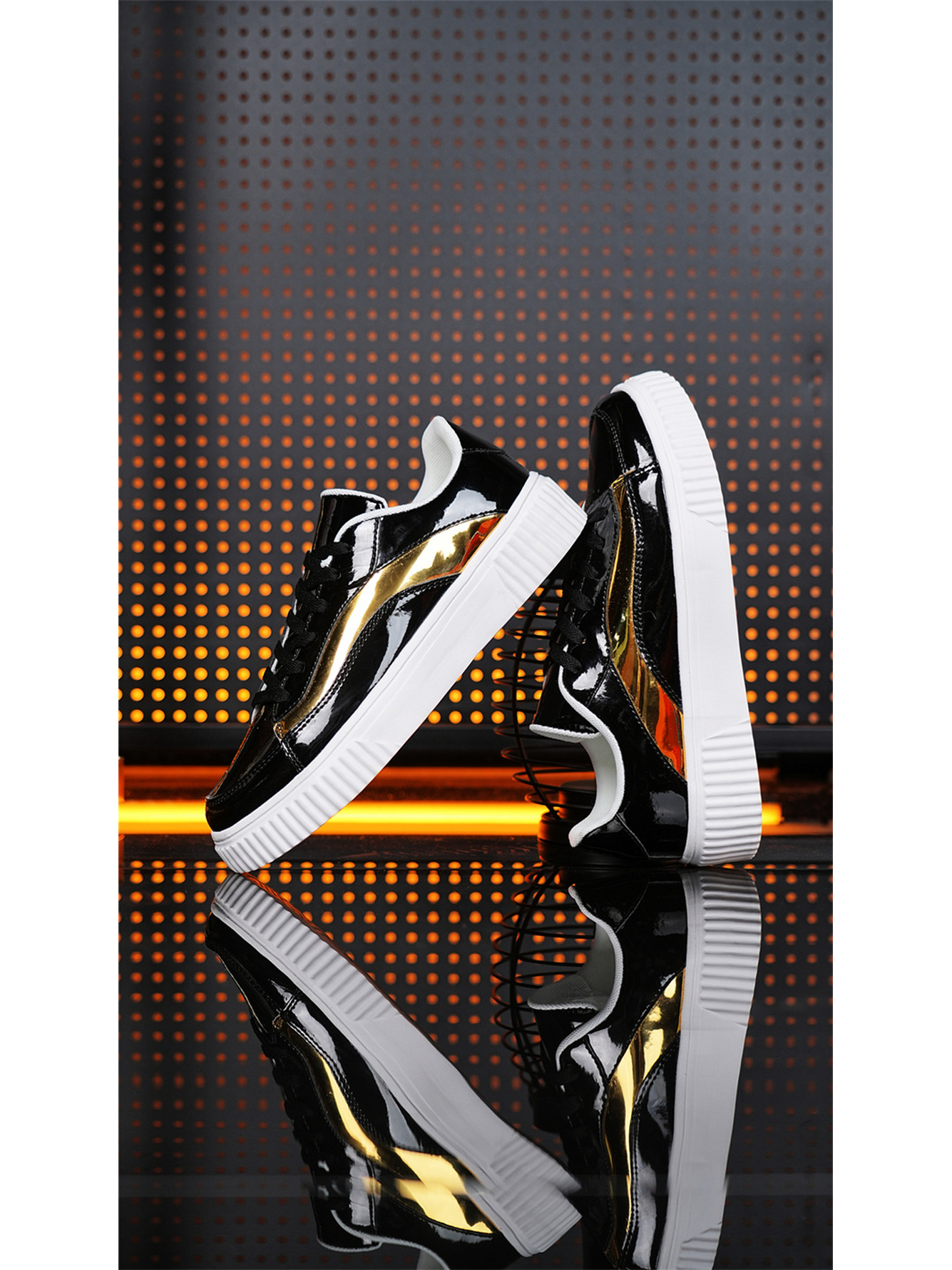Men Black Patent Leather Sneakers with Gold Trim