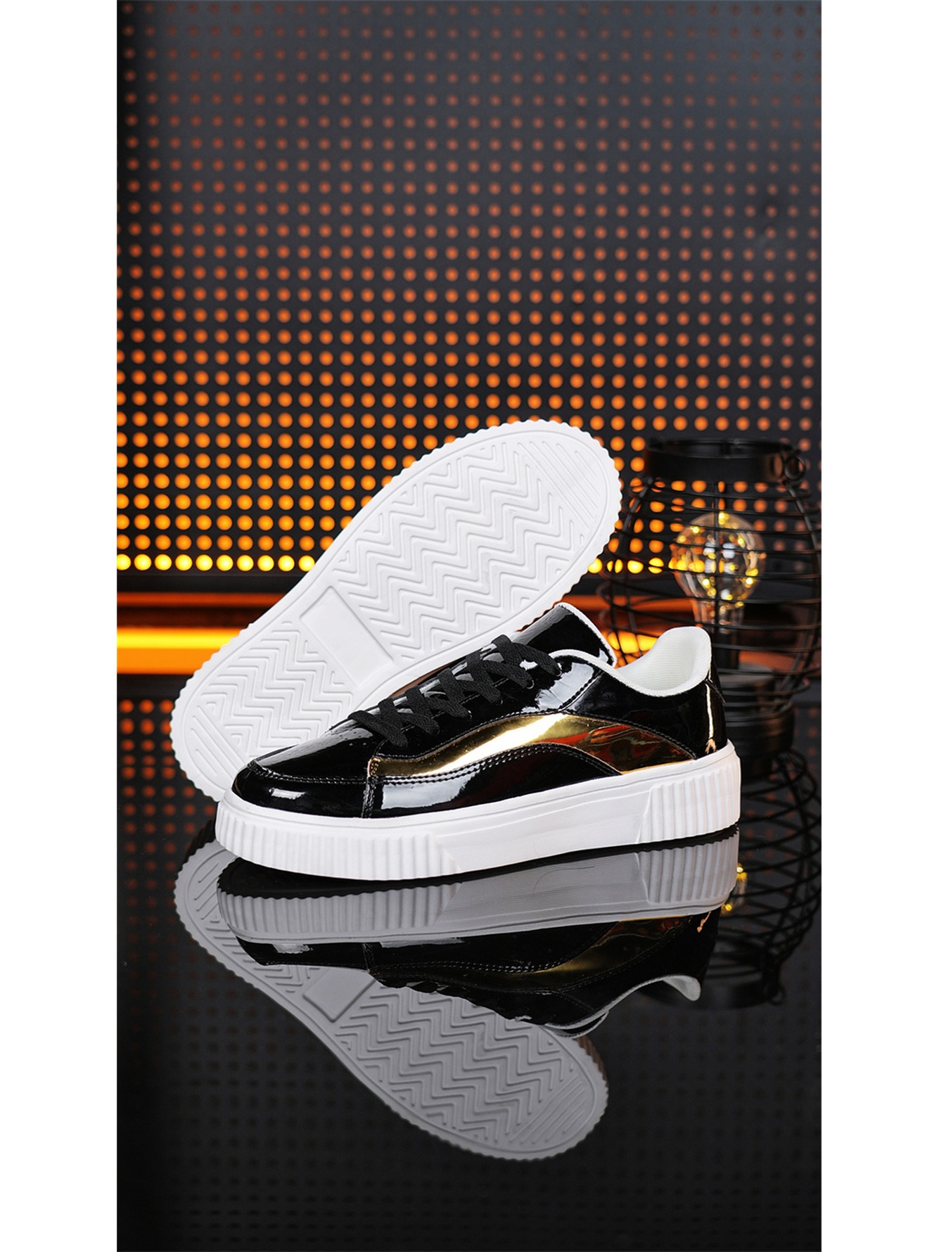 Men Black Patent Leather Sneakers with Gold Trim