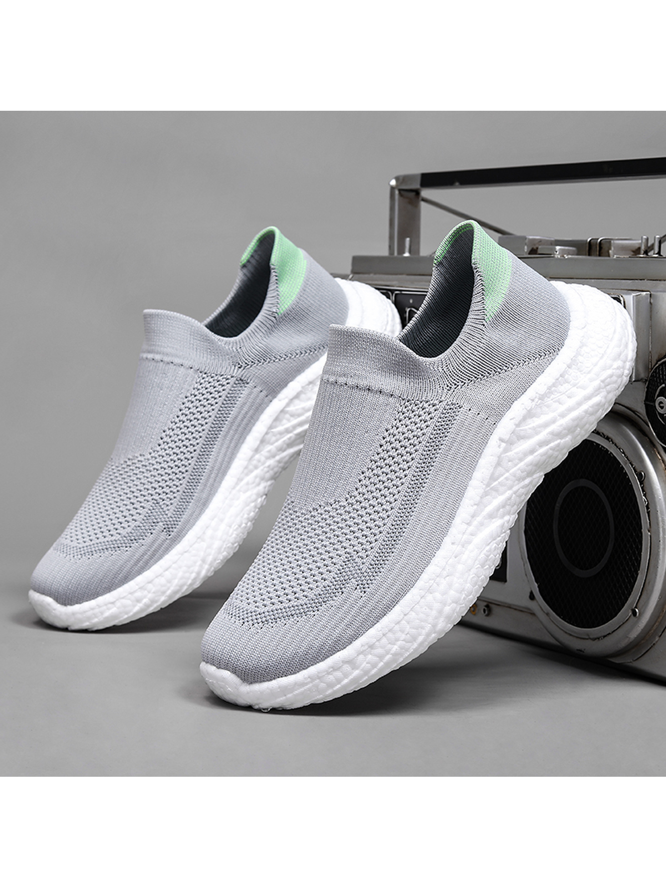 Men Grey Slip-On Knit Sports Sneakers