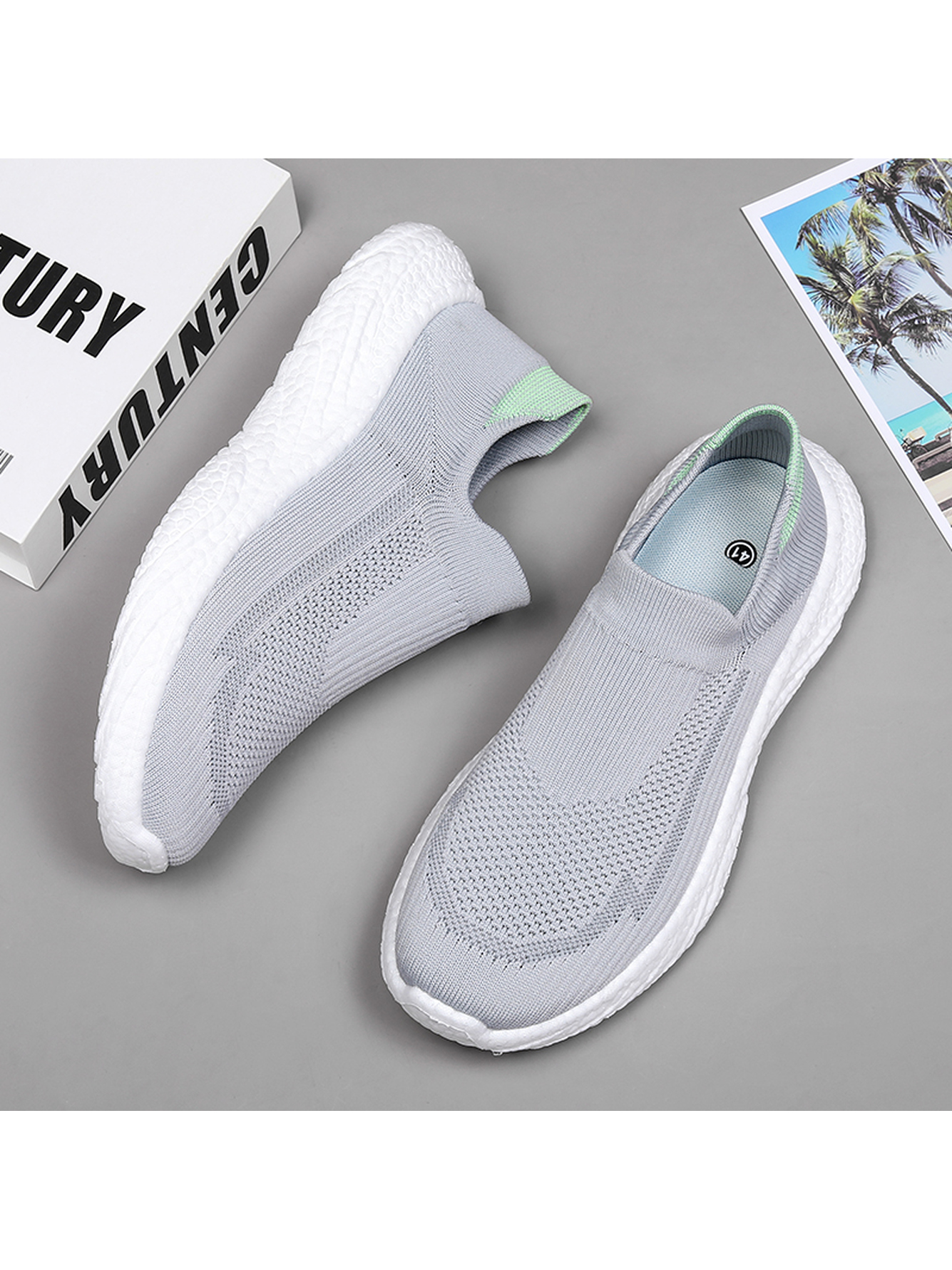 Men Grey Slip-On Knit Sports Sneakers