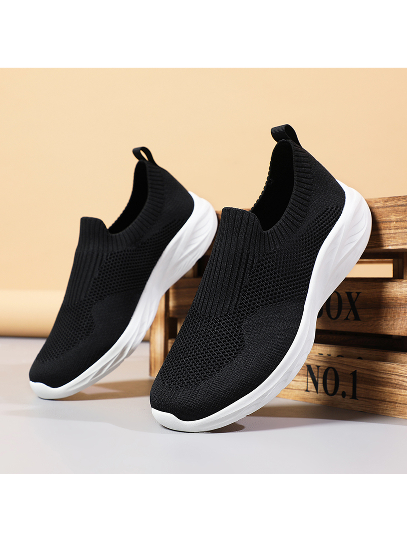 Men Black Knit Slip-On Athletic Sneakers