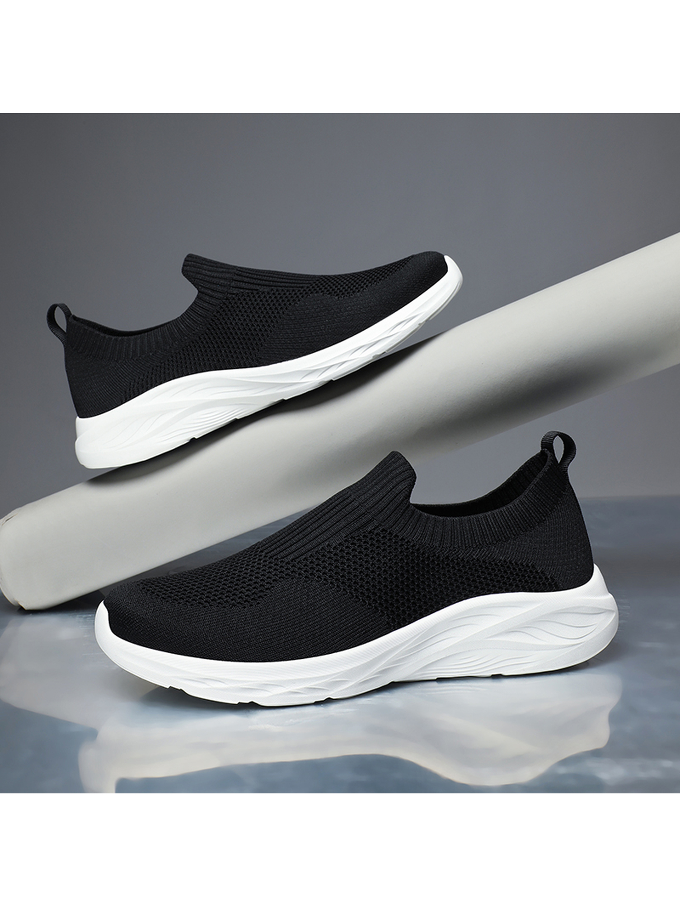 Men Black Knit Slip-On Athletic Sneakers