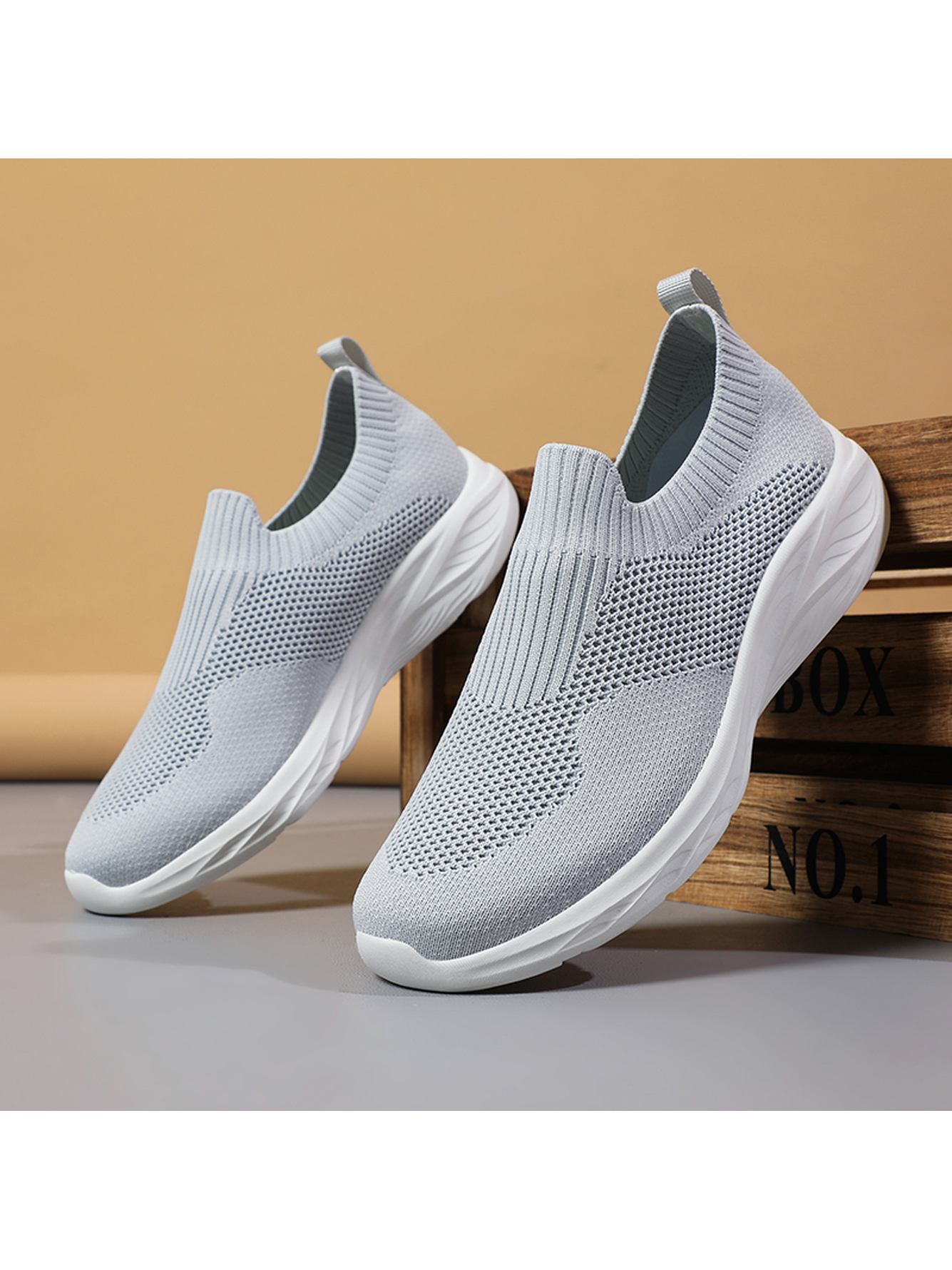 Men Lightweight Grey Knit Slip-On Sports Sneakers
