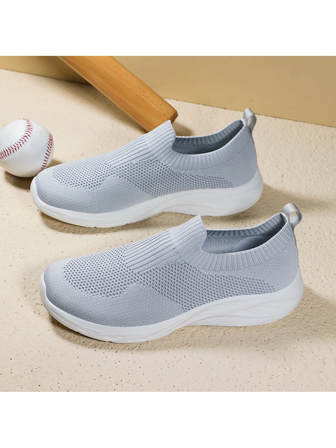 Men Lightweight Grey Knit Slip-On Sports Sneakers