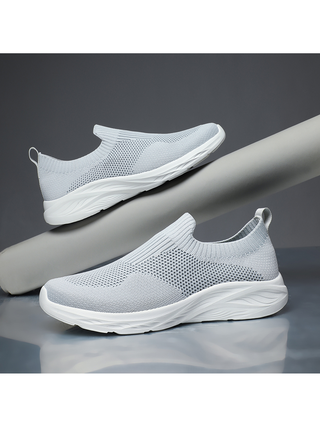 Men Lightweight Grey Knit Slip-On Sports Sneakers