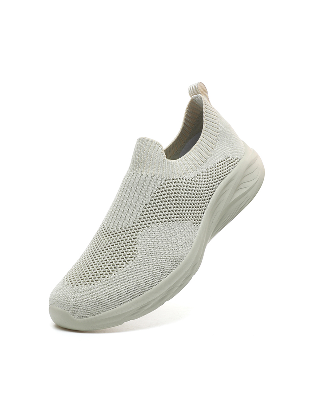 Men Beige Slip-On Knit Sports Sneakers