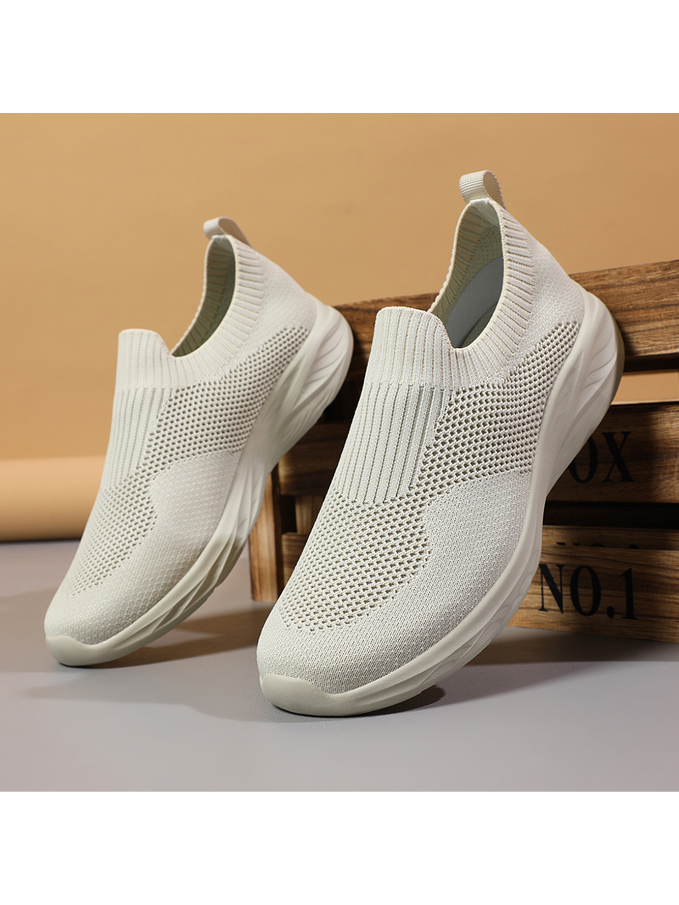 Men Beige Slip-On Knit Sports Sneakers