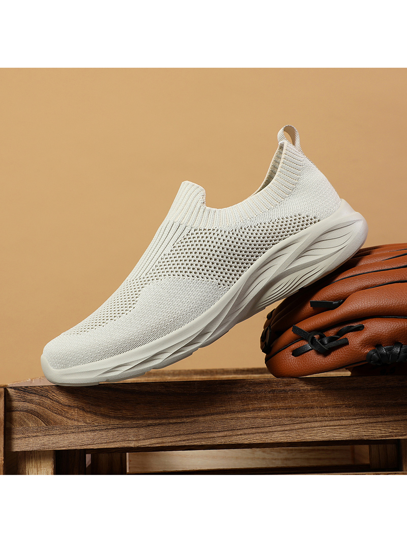 Men Beige Slip-On Knit Sports Sneakers