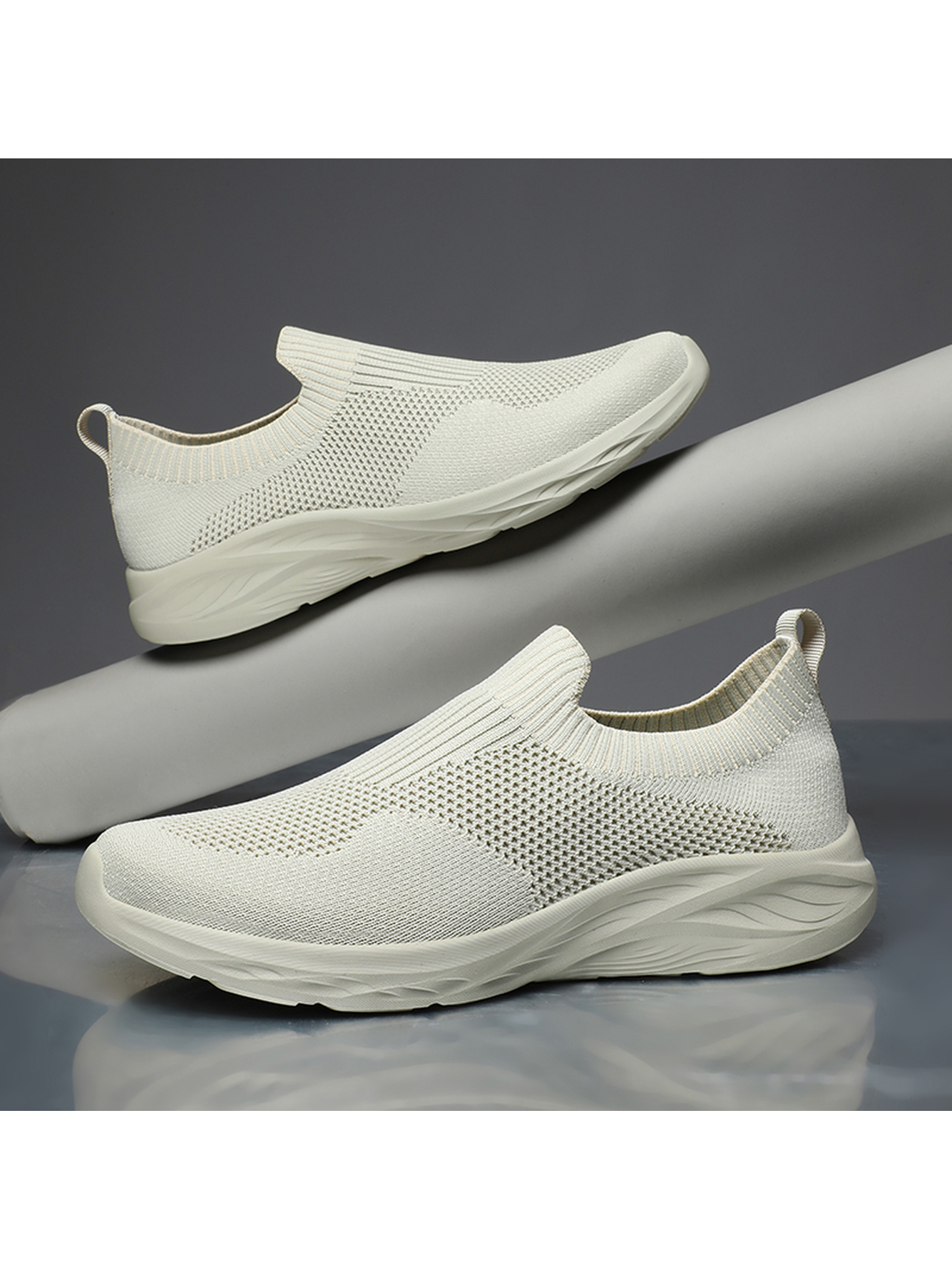 Men Beige Slip-On Knit Sports Sneakers