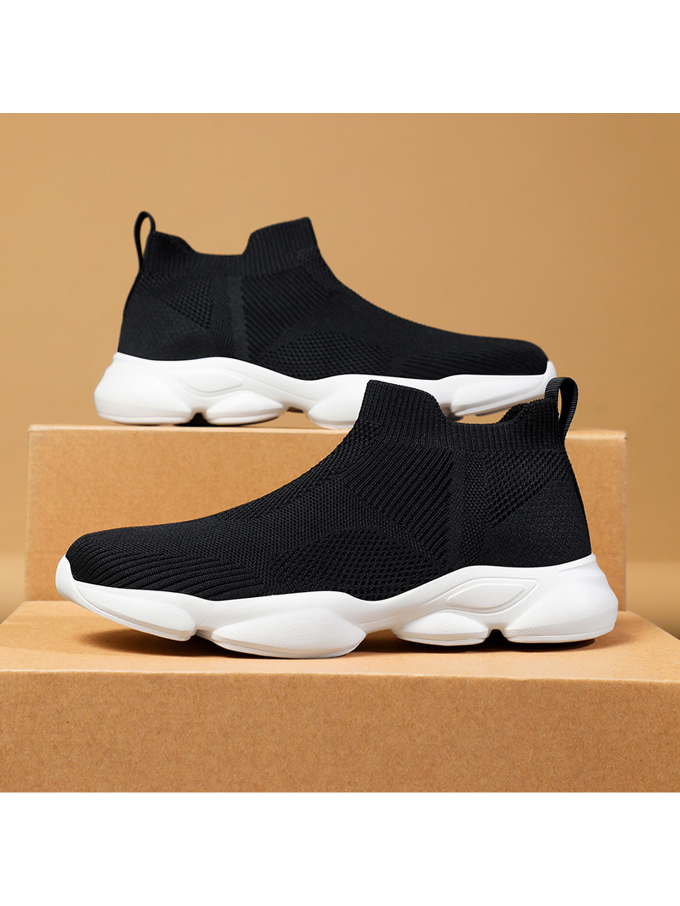 Men Black Slip-On Knit Sports Sneakers