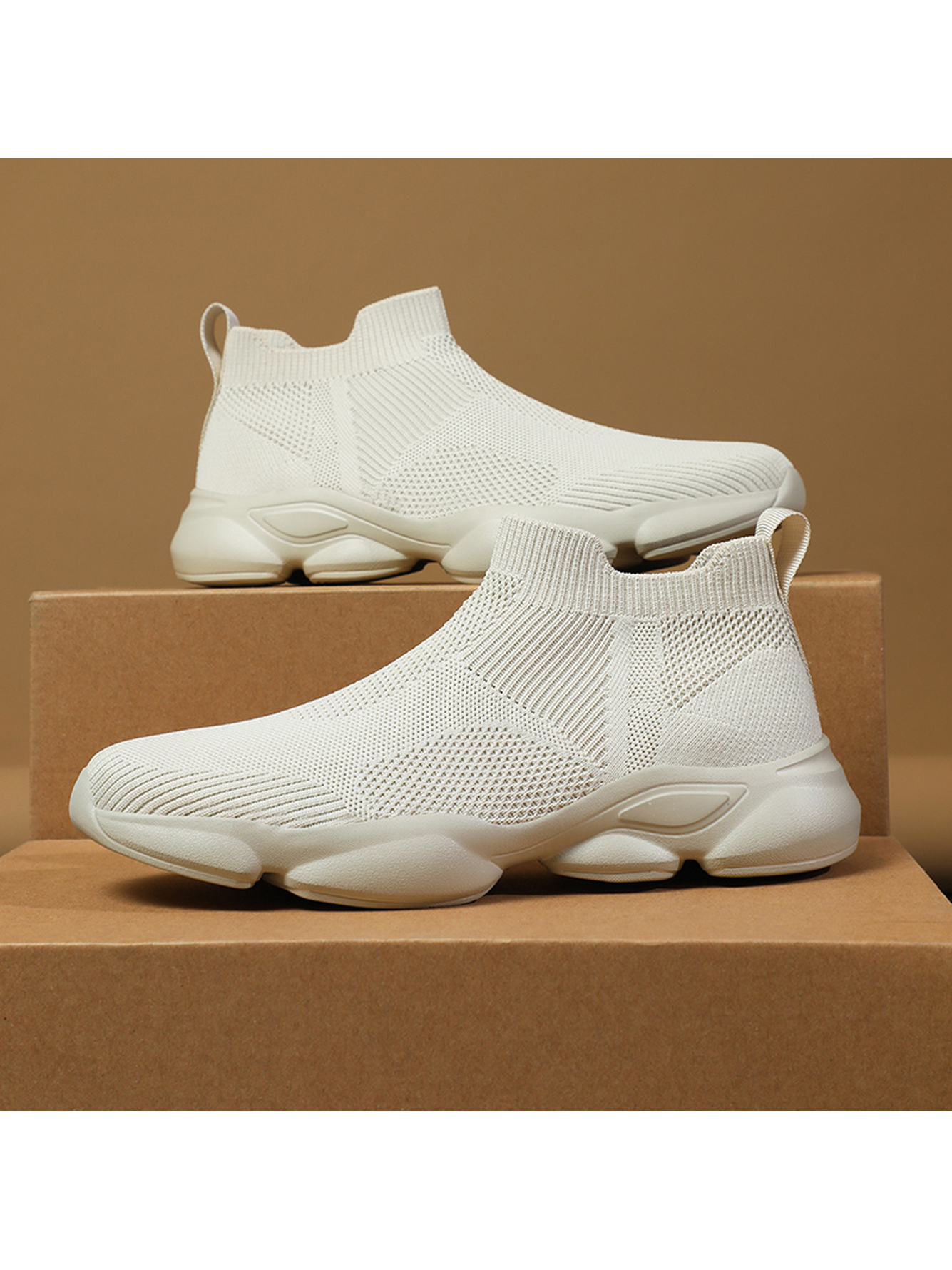 Men Beige Slip-On Knit Sports Sneakers