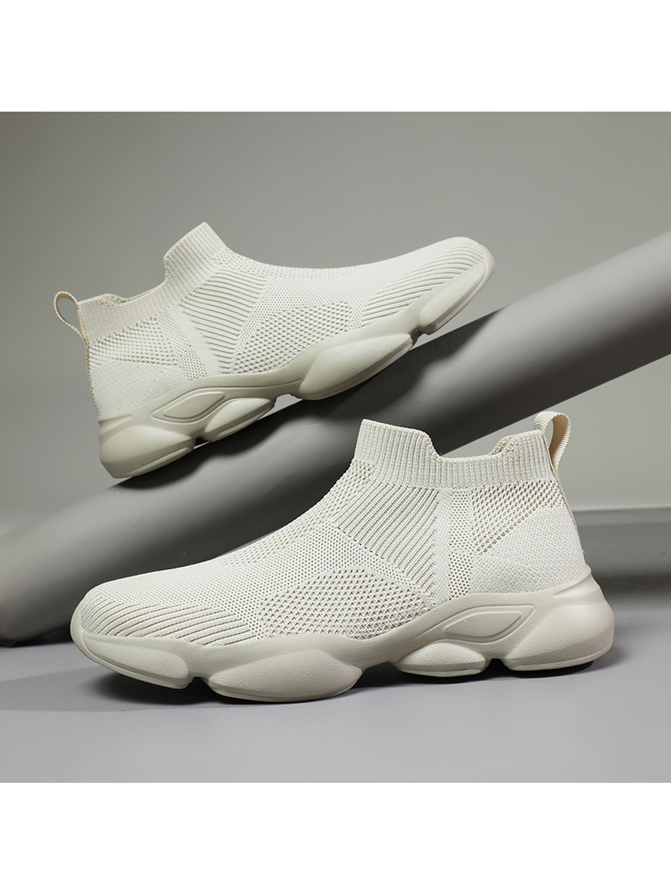 Men Beige Slip-On Knit Sports Sneakers