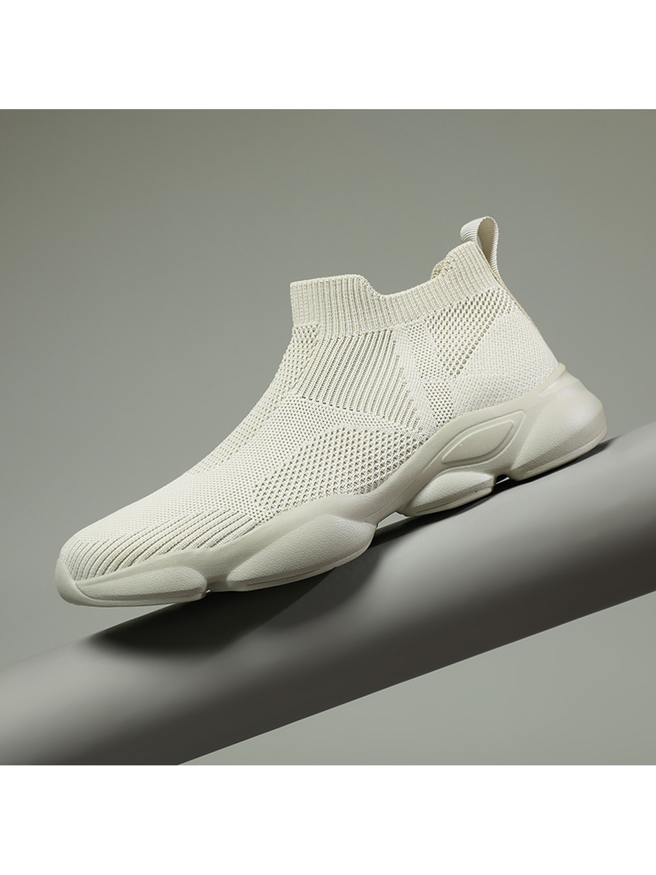 Men Beige Slip-On Knit Sports Sneakers