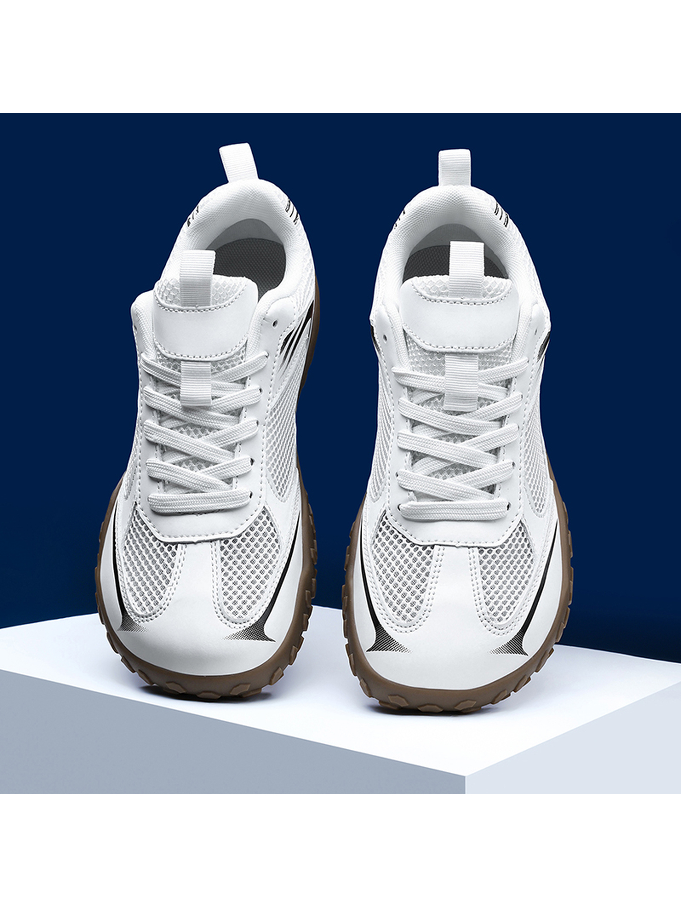 Men White Mesh Athletic Sneakers with Brown Sole
