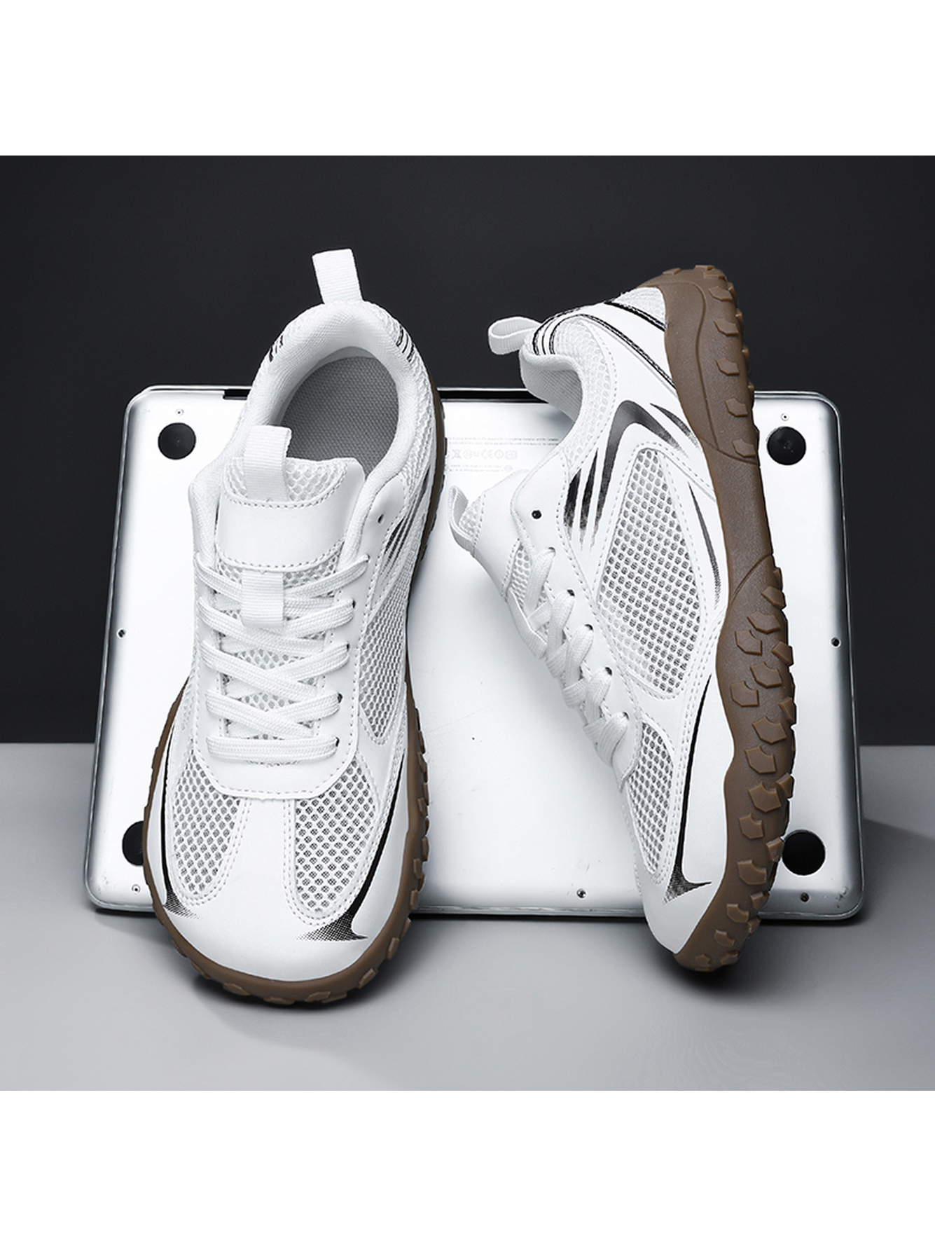 Men White Mesh Athletic Sneakers with Brown Sole