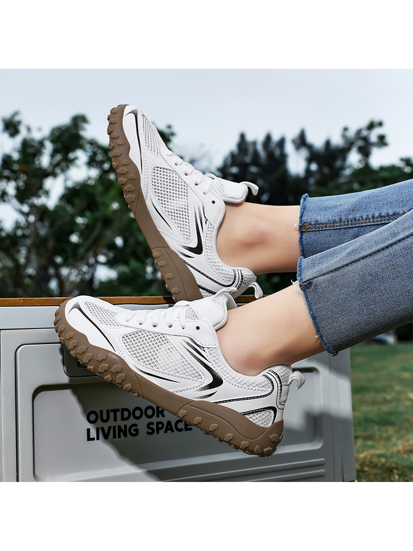 Men White Mesh Athletic Sneakers with Brown Sole