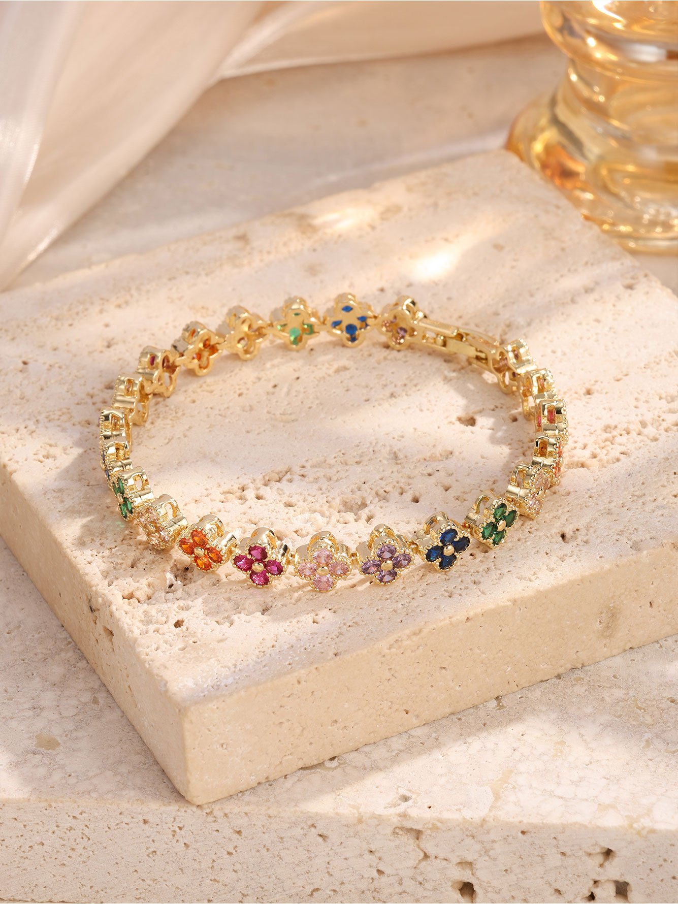 Gold Plated Multicolored Clover Charm Bracelet