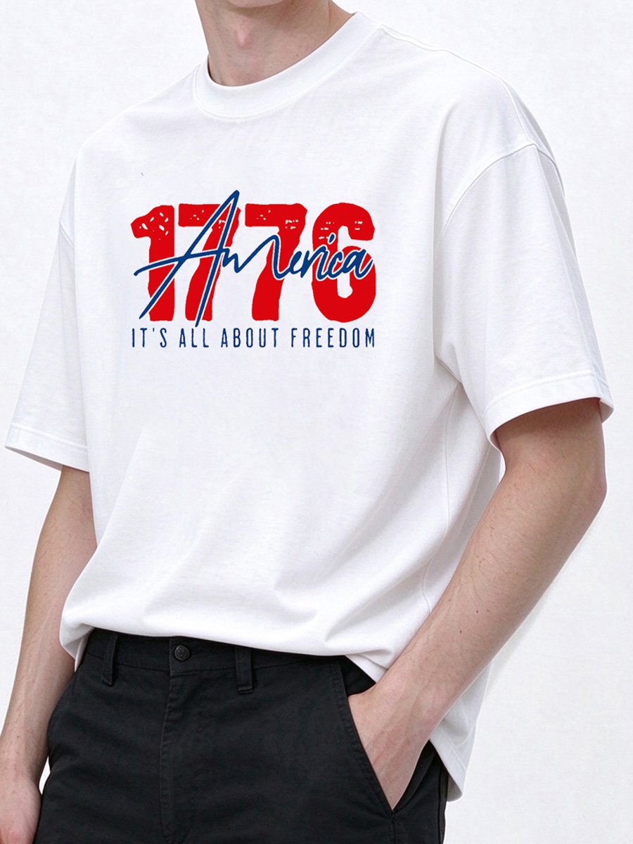 تيشيرت بطبعة جرافيك حرية أمريكا 1776 للرجال بلون أبيض